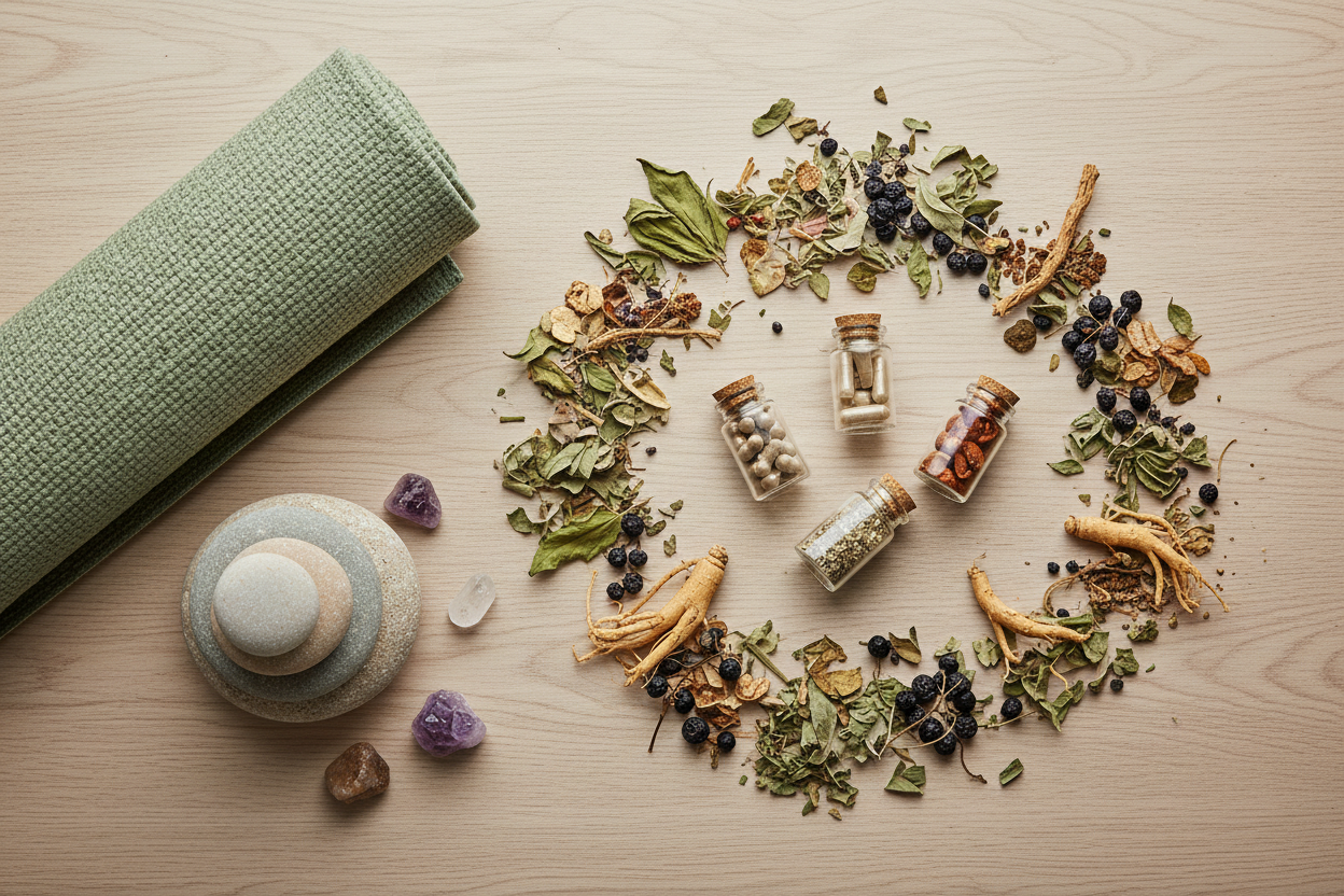 Natürliche Adaptogene und Kräuter neben Yogamatte – Ashwagandha Ginseng Shilajit VitaSpice