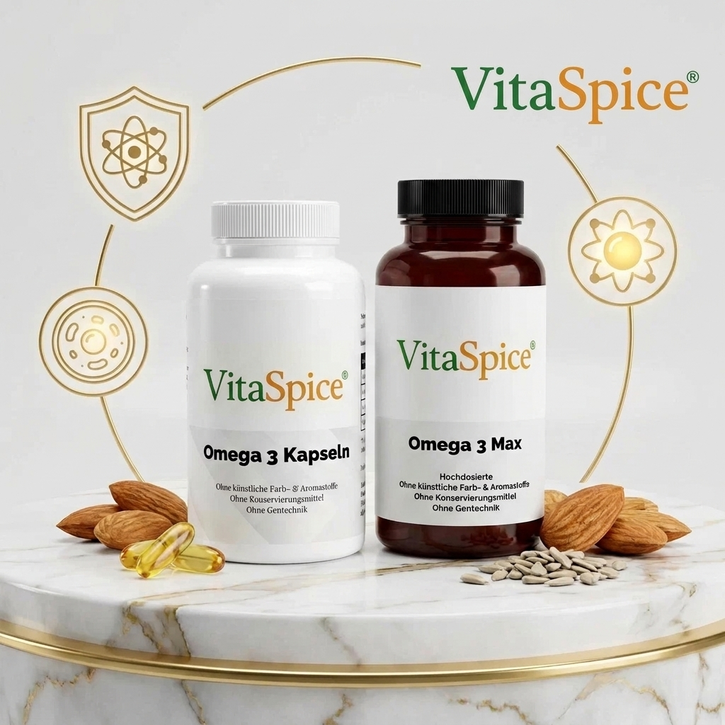 VitaSpice Omega3 Kapseln und Omega3 Max in Produktdose auf Marmorplatte mit Logo