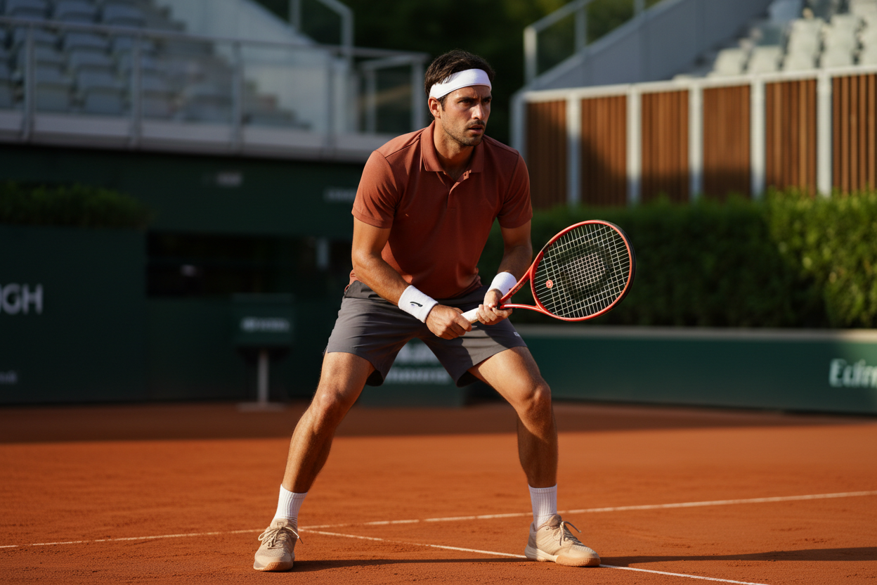 Konzentrierter Tennisspieler in Bereitschaftsposition – Fokus und Reaktion Supplements VitaSpice