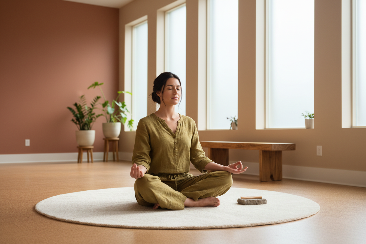 Frau im Lotussitz meditiert im Studio – Fokus und mentale Stärke Supplements VitaSpice