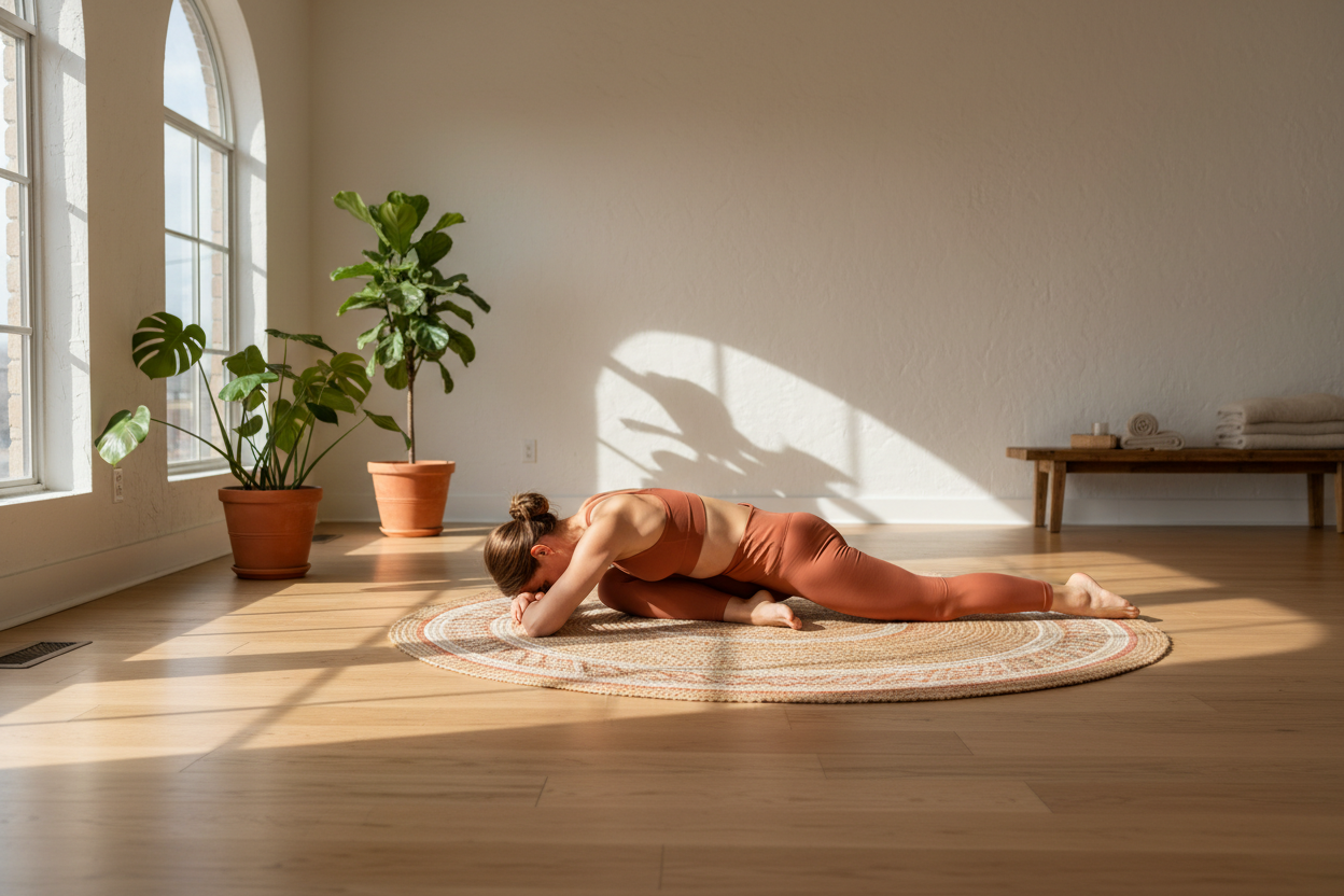 Frau in tiefer Yoga-Dehnung im Studio – Gelenkschutz und Beweglichkeit Supplements VitaSpice