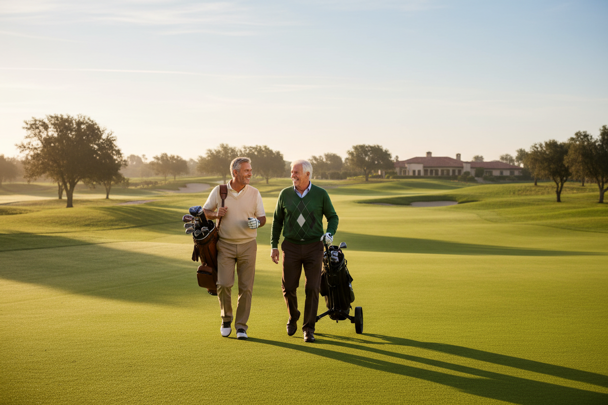 Zwei Golfer ab 40 auf dem Golfplatz – Gelenkschutz Supplements VitaSpice