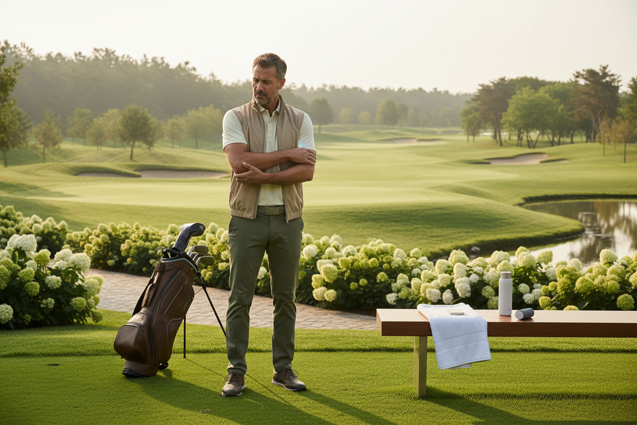 Golfer hält seinen Ellenbogen auf dem Golfplatz – Golferellenbogen Supplements VitaSpice