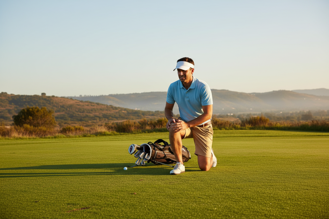 Golfer hält sein Knie auf dem Golfplatz – Knieschmerzen Supplements VitaSpice