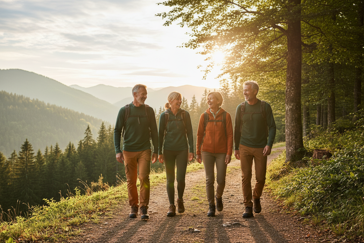 4 aktive Personen ab 50+ unterwegs in der Natur mit Bäume und Sonne und Berge