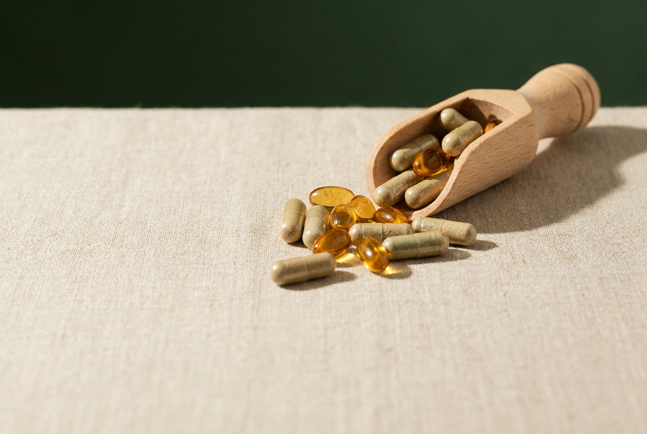Kapseln und Softgels in einer hölzernen Schütte