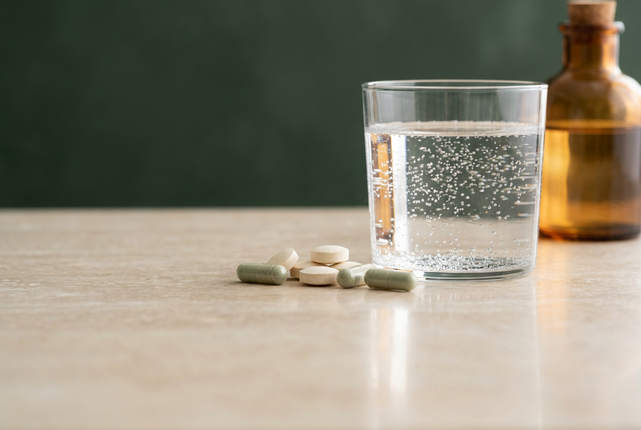 Magnesium Kapseln- und Tabletten neben einem Glas Wasser