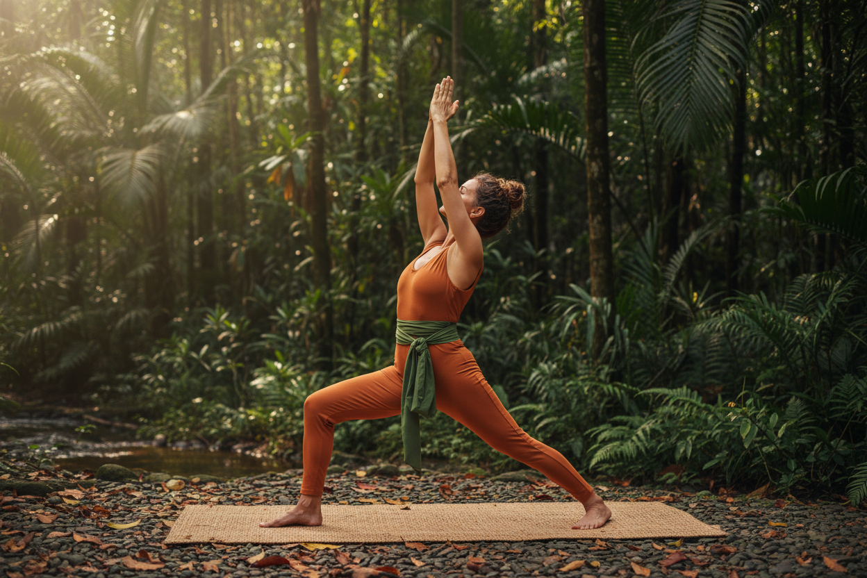 Frau ab 40 in Warrior-Pose beim Yoga im Freien – Gelenkschutz Supplements VitaSpice