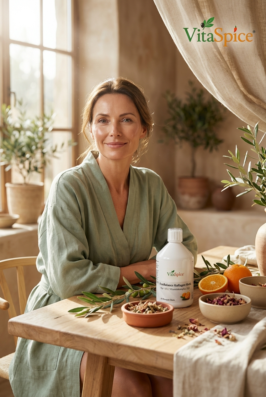 Attraktive Frau mittleren Alters in Wellness Atmosphäre mit VitaSpice Produkt