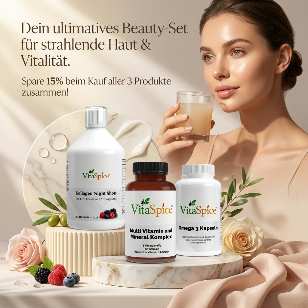 Beauty Komplett-Set - Kollagen Night Shots, Multi Vitamin und Omega 3 Kapseln für strahlende Haut und Vitalität