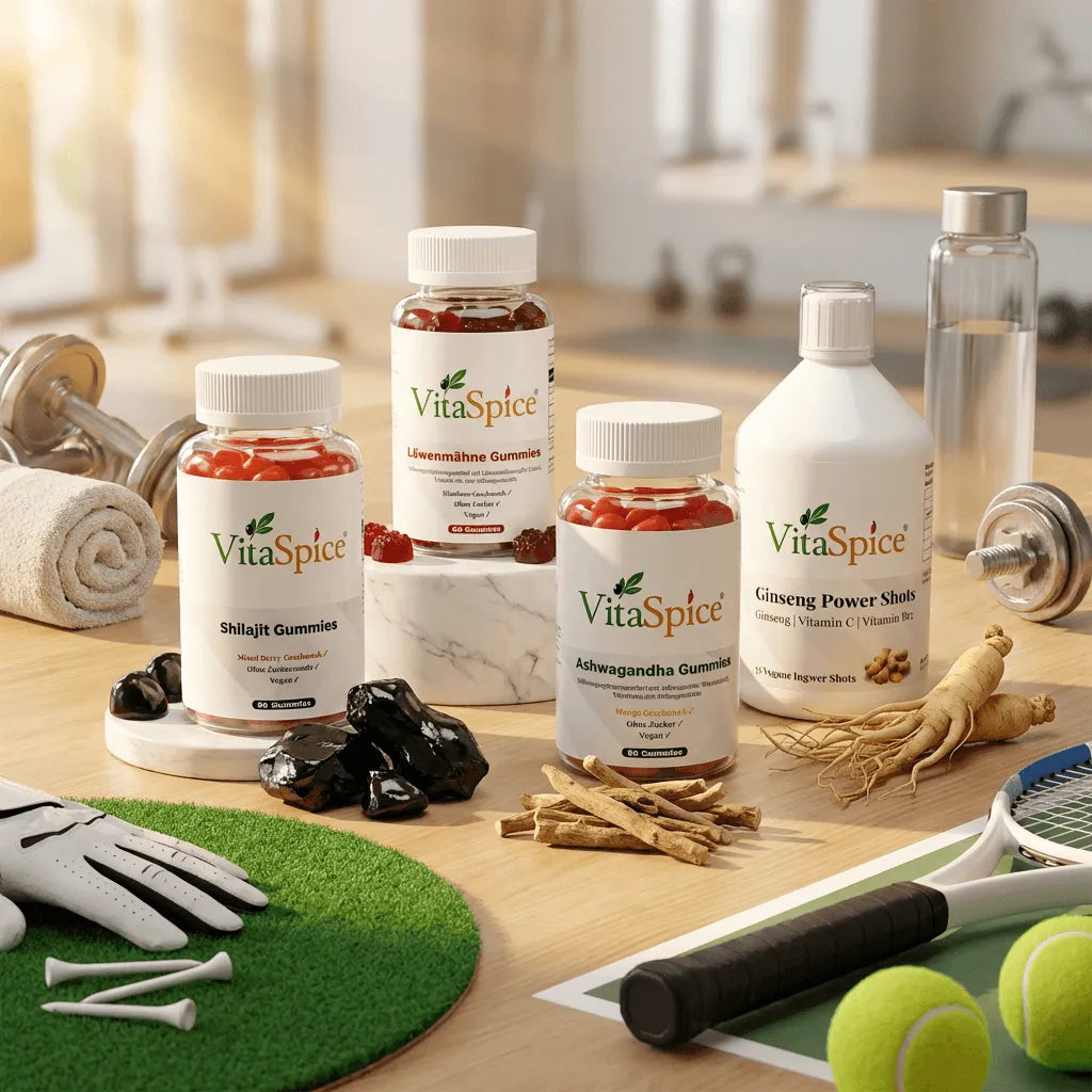 VitaSpice Adaptogene im Wellness Setting mit Tennis- , Golf-, Fitness Accessoirs