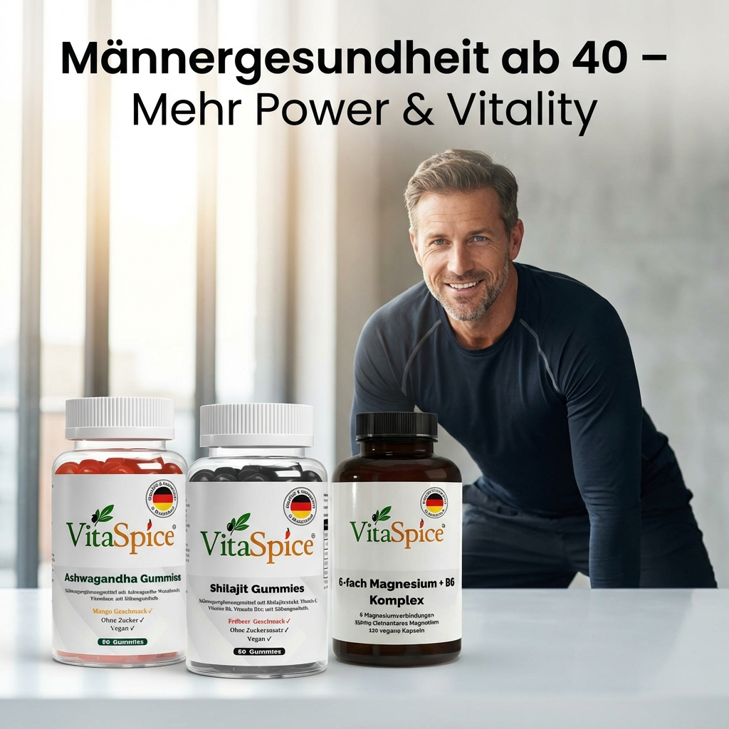 Attraktiver Mann mitte 40 in legèrem Outfit, lächelnd, vor ihm 3 Vitaspice Produkte auf weißem Marmortisch