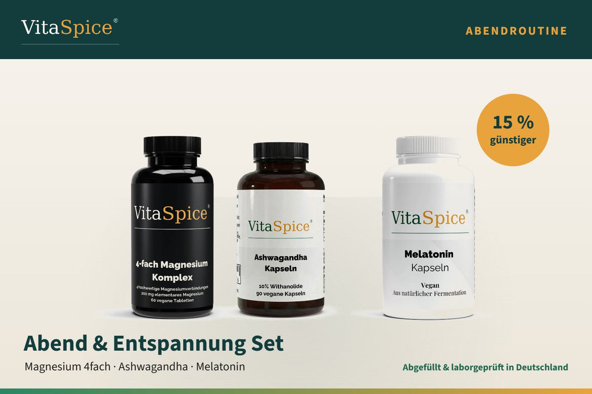 VitaSpice Abend und Entspannung Set: Magnesium 4fach Komplex, Ashwagandha + Vitamin B6 Gummies und Melatonin 1 mg