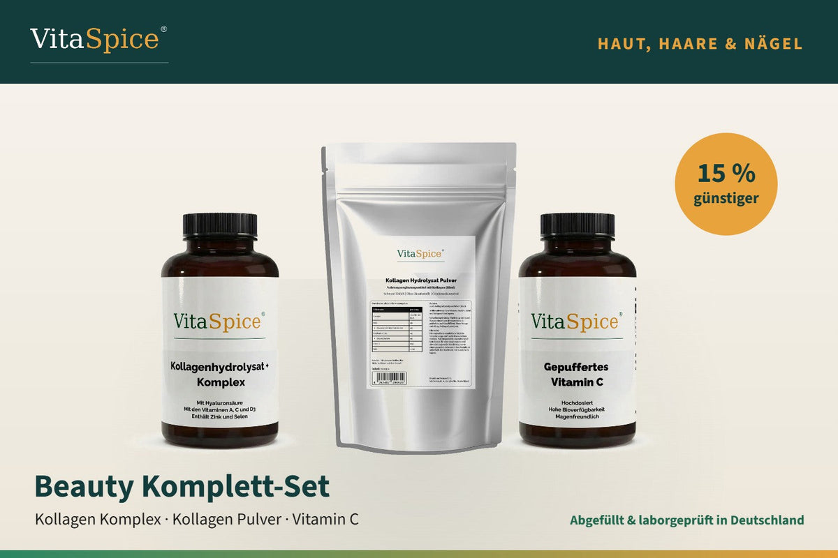 VitaSpice Beauty Komplett-Set: Kollagenhydrolysat PLUS Komplex, Kollagen Hydrolysat Pulver und gepuffertes Vitamin C