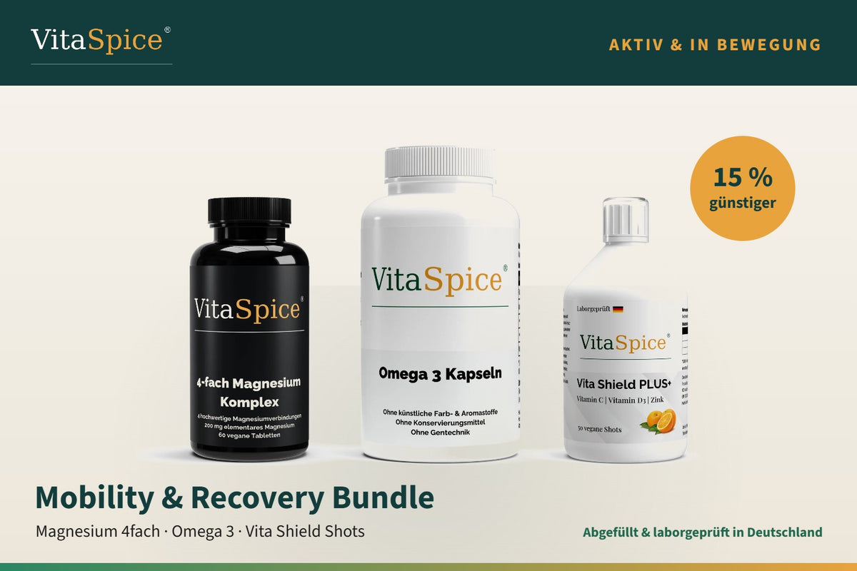 VitaSpice Mobility & Recovery Bundle: Magnesium 4fach Komplex, Omega 3 Triglyceride und Vita Shield PLUS+ Shots
