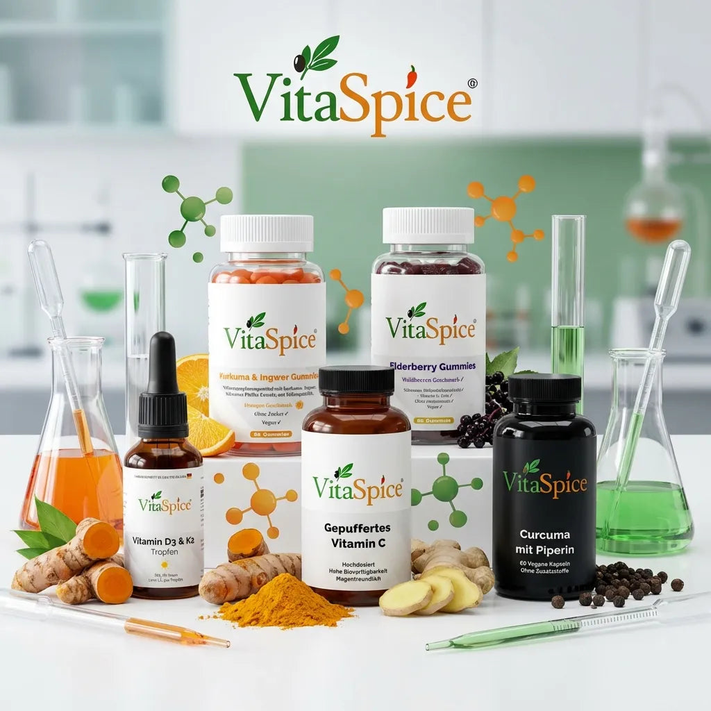 VitaSpice Bestseller mit Labor Flaschen , Pipetten, Kurkuma Pulver, Ingwerknolle, Pfefferkörner