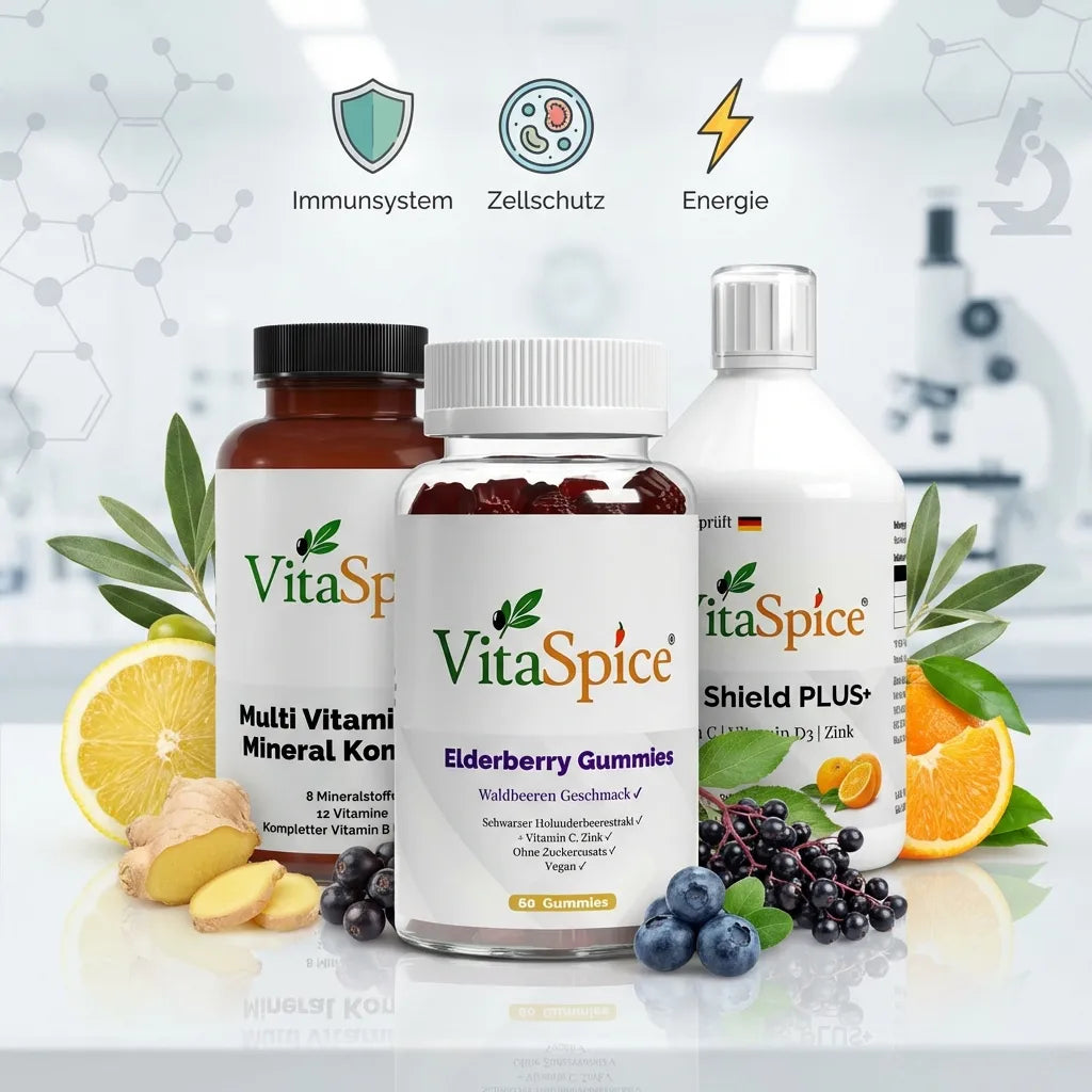 VitaSpice Immunsystem Produkte mit Zitronen, Orangen, Holunderbeeren, Blaubeeren, Ingwer