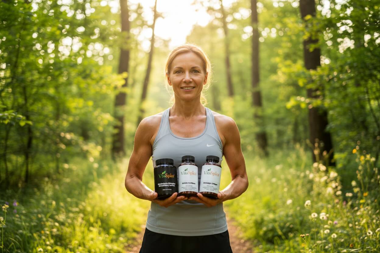 Aktiver Mensch ab 40 im Wald mit Vitaspice-Sommer-Produkten