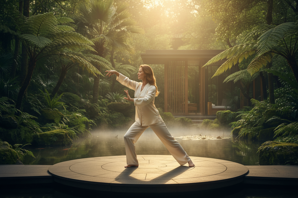 Longevity Person in freier Natur und Tai Chi Position