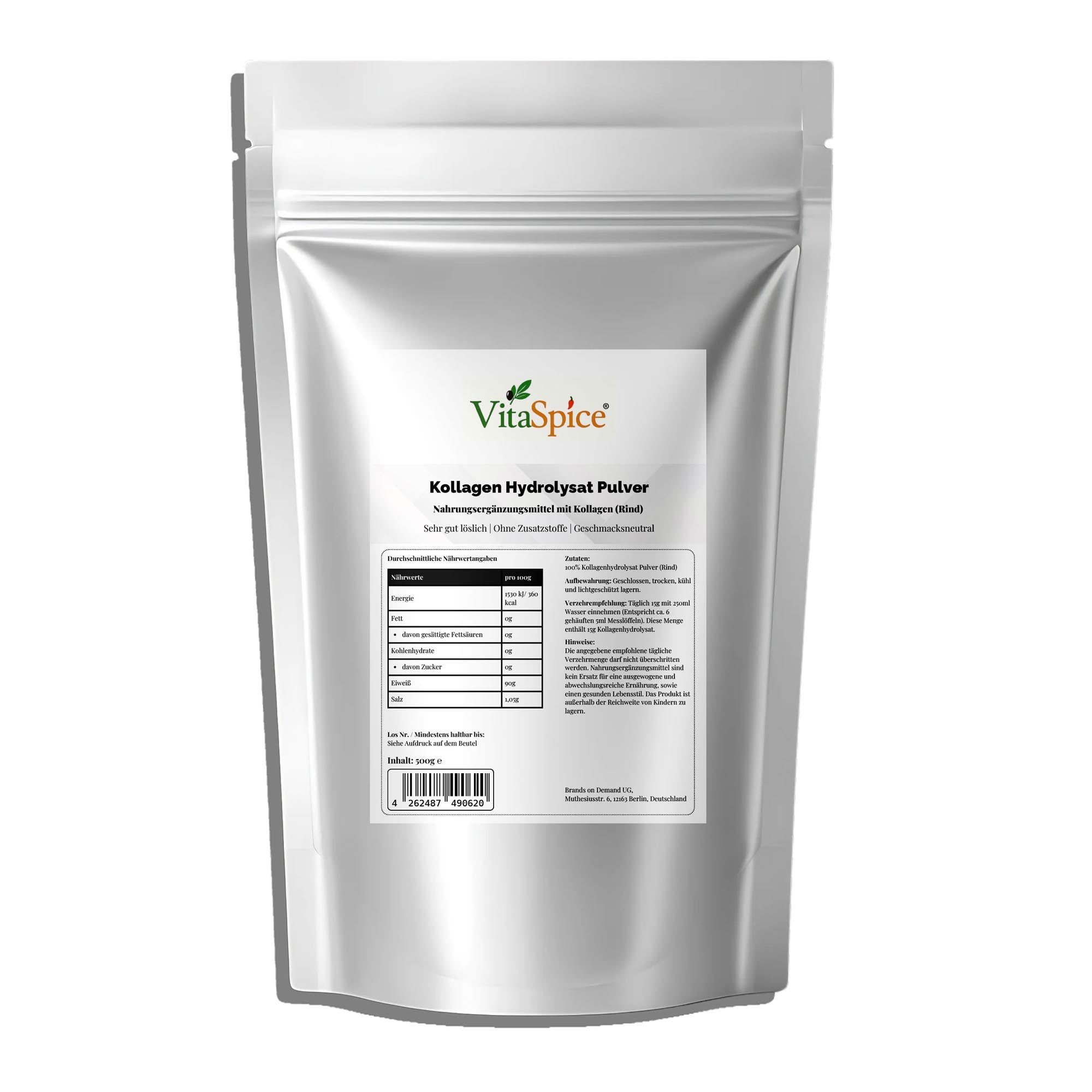 Kollagen Hydrolysat Pulver 500g Doypack Vorderseite - Kollagen Peptide für Haut und Gelenke