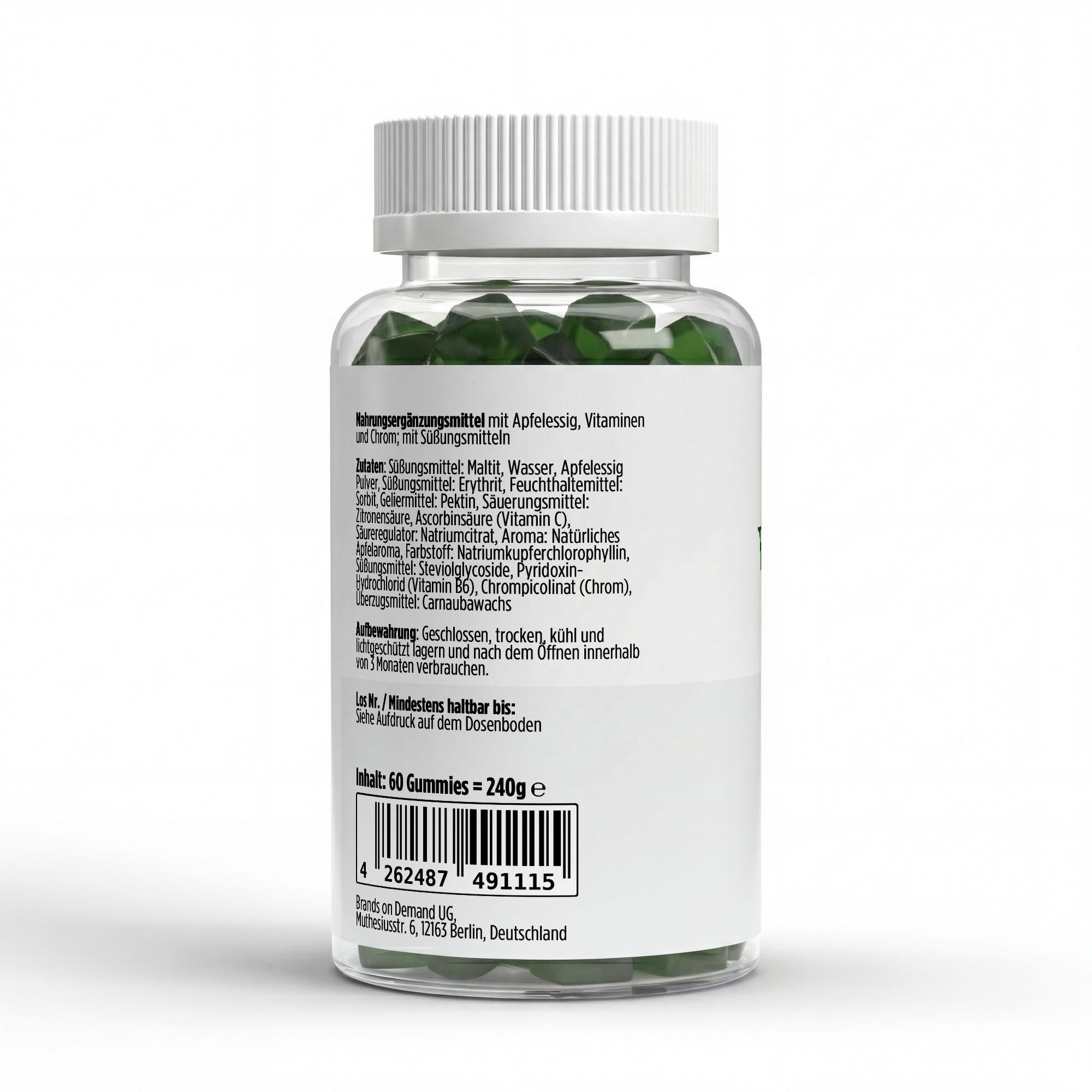 Apfelessig Gummies Nährwerttabelle - Mit Vitamin C, B6 und Chrom - Verzehrempfehlung 2 Stück täglich
