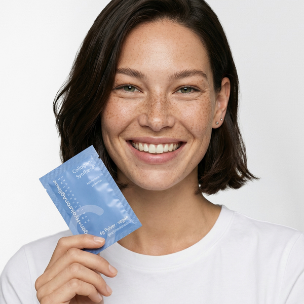 Frau hält Collagen+HyaluronAgil Boost Sachet, vegane Inner-Beauty-Formel von AgilPharma