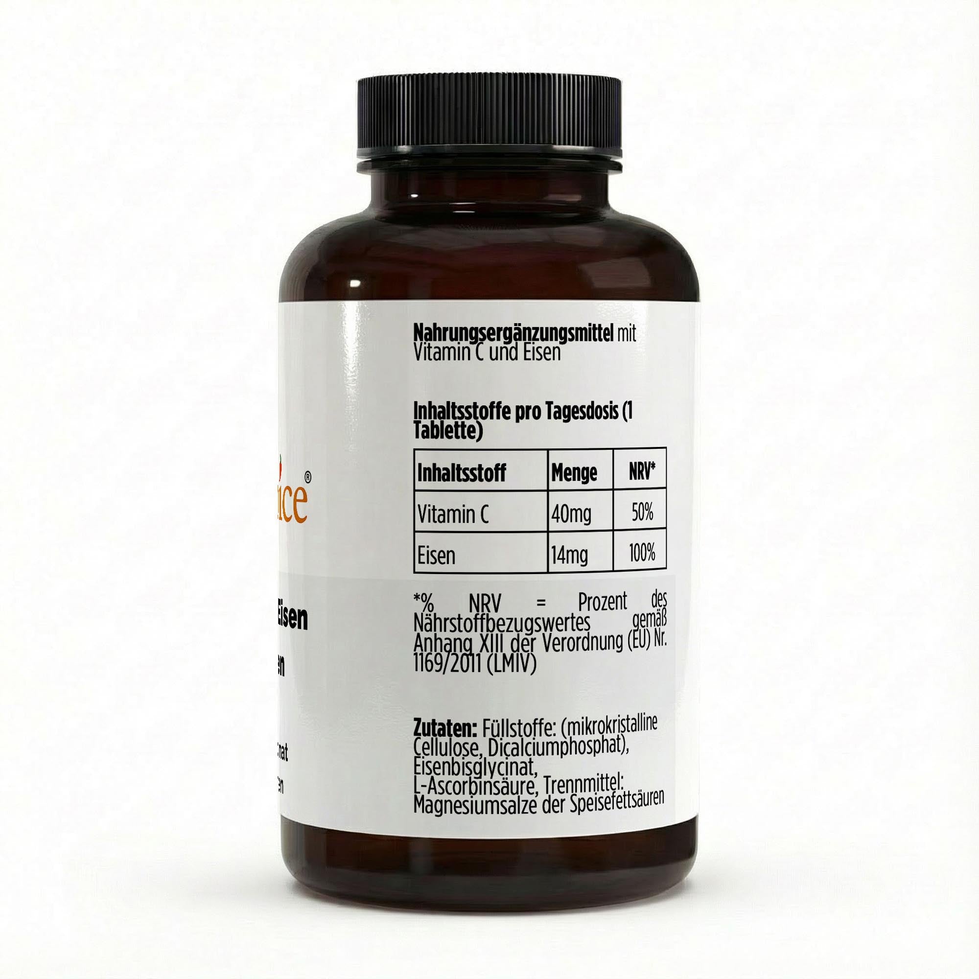 Eisen + Vitamin C 120 Tabletten Inhaltsstoffe und Nährwerte, Eisenbisglycinat mit Vitamin C für optimale Eisenaufnahme, vegan und laborgeprüft
