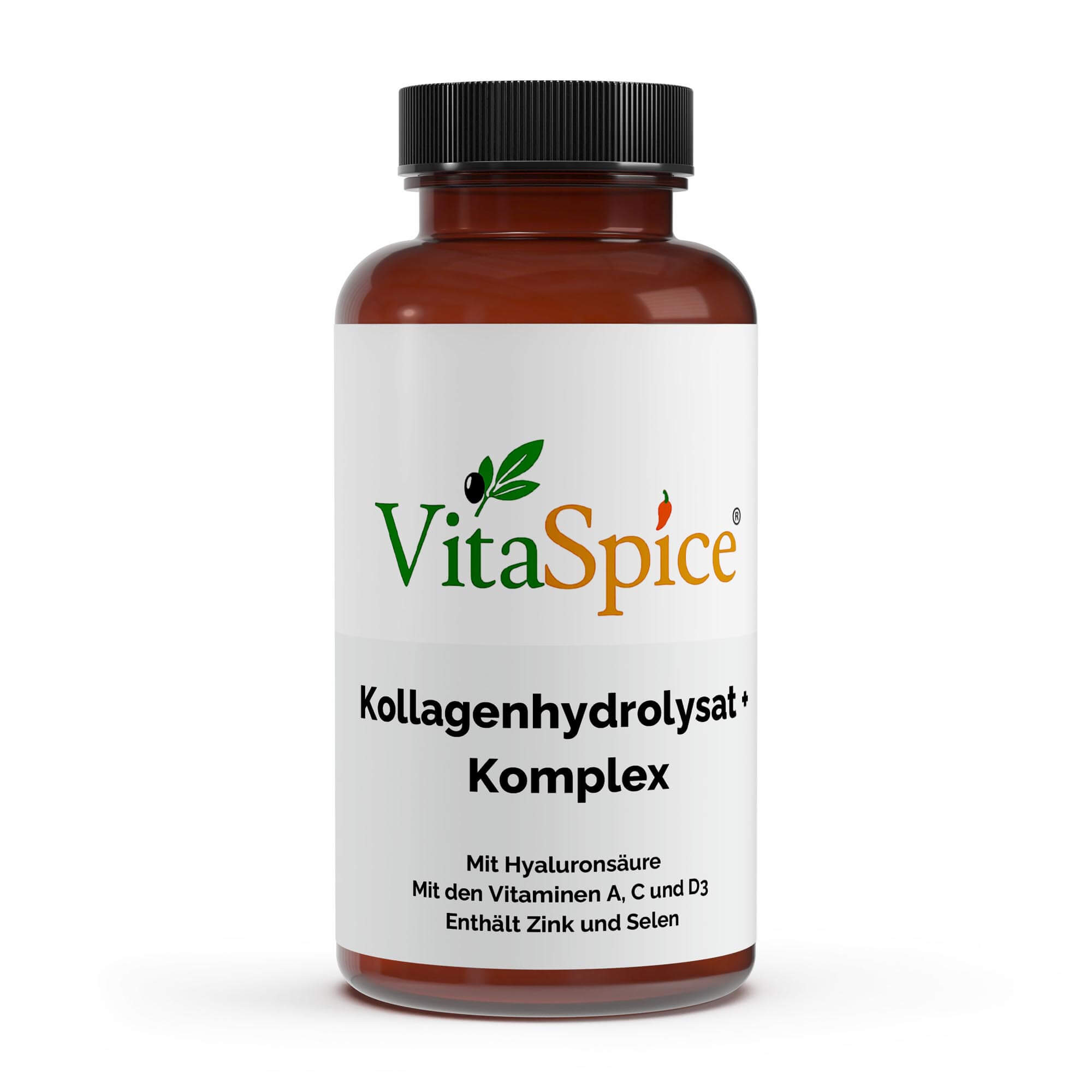 VitaSpice Kollagen Hydrolysat Komplex als hochwertiges Produktfoto; schwarze Premium‑Flasche auf schwarzem Hintergrund; umfassender Beauty‑ und Bindegewebskomplex mit Hyaluronsäure, Vitamin A, C, D3, Zink und Selen für Haut, Gelenke und Regeneration.