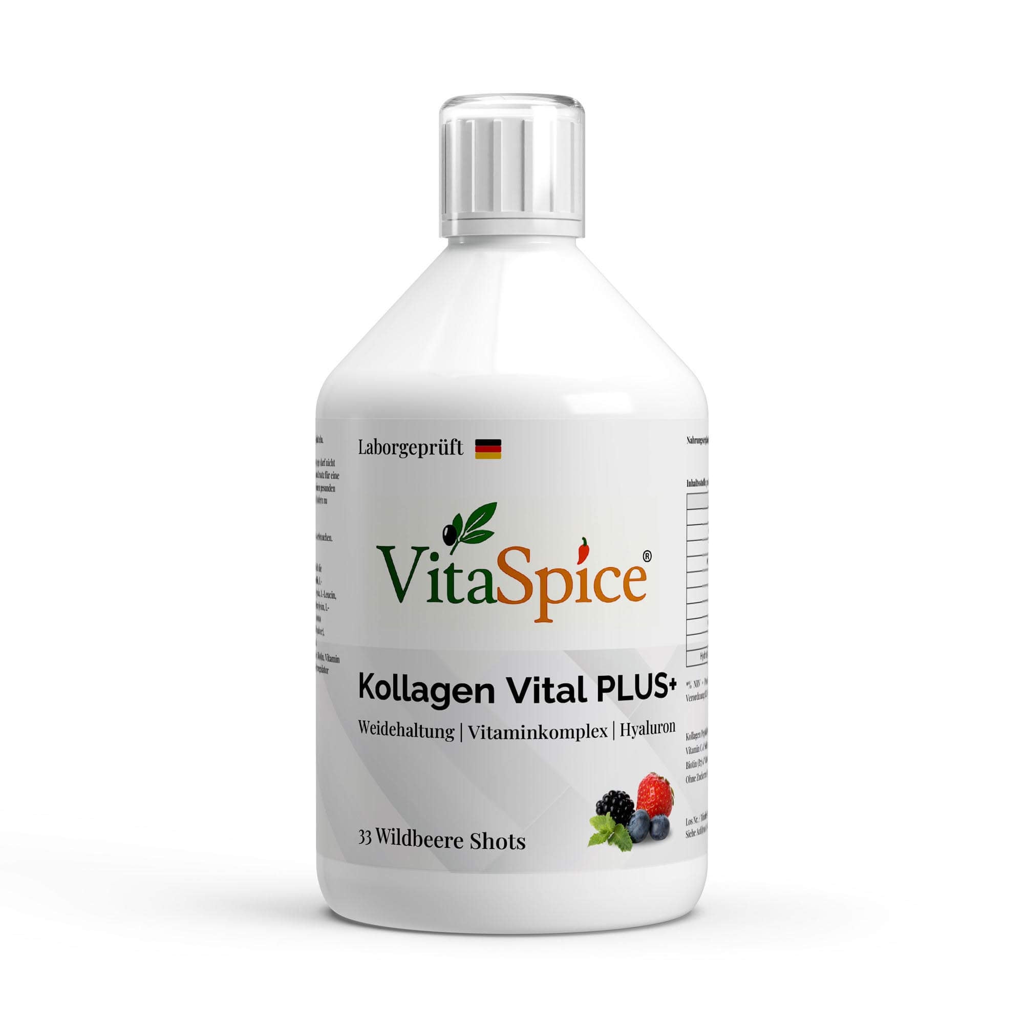 VitaSpice Kollagen Vital Plus Shots als hochwertiges Produktfoto; weiße Premium‑Flasche auf hellem Hintergrund; Kollagen‑Komplex mit Vitaminkomplex und Hyaluron für Haut, Bindegewebe, Regeneration und aktive Performance.