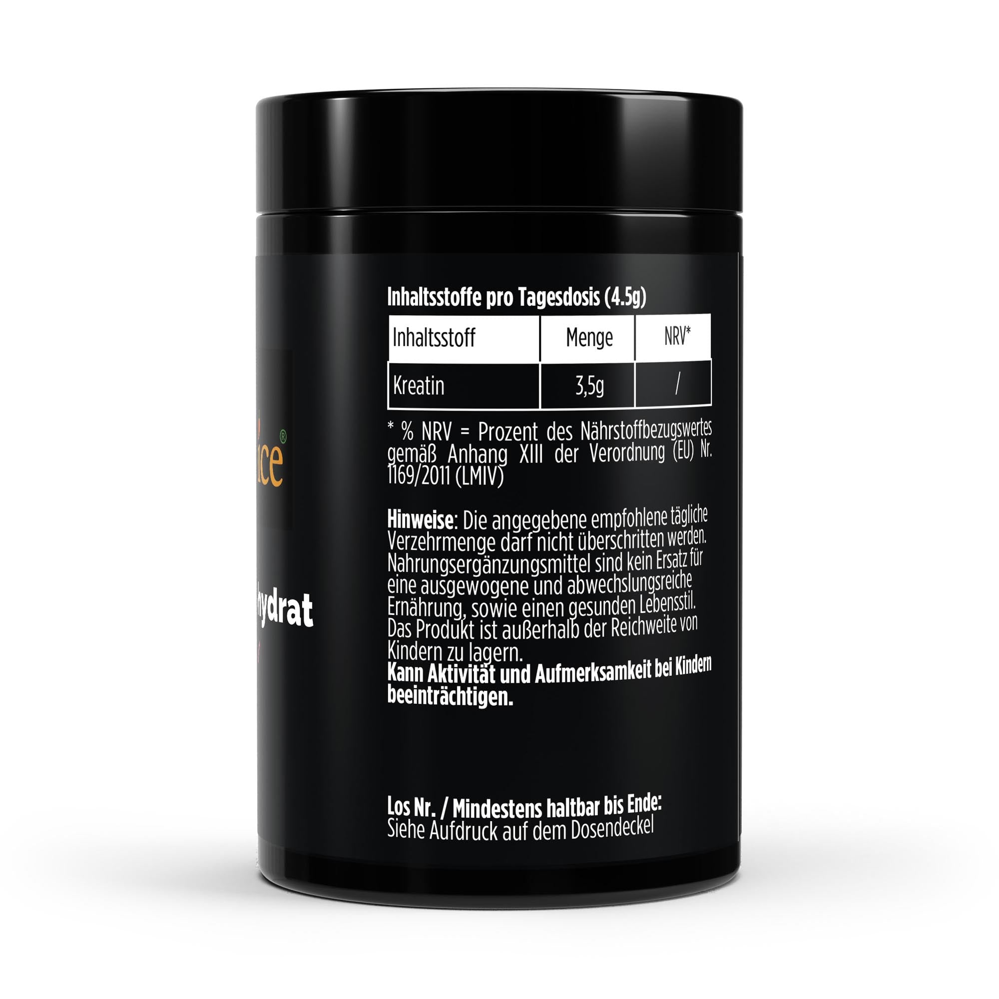 Kreatin Monohydrat Raspberry 500g Nährwerttabelle – Dosierung 4,5g täglich mit 3,5g reinem Kreatin