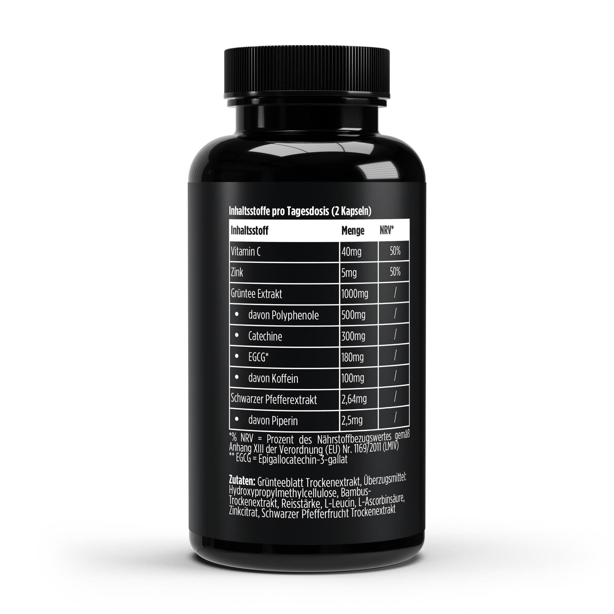 Nährwerttabelle VitaSpice Grüntee Extrakt: Vitamin C, Zink, 500mg Polyphenole, 180mg EGCG und Piperin je Tagesdosis