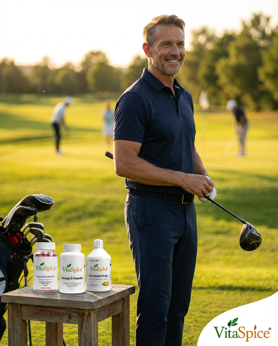 Aktiver Mann 40+ beim Golf - unterstützt durch Mobility & Recovery Bundle