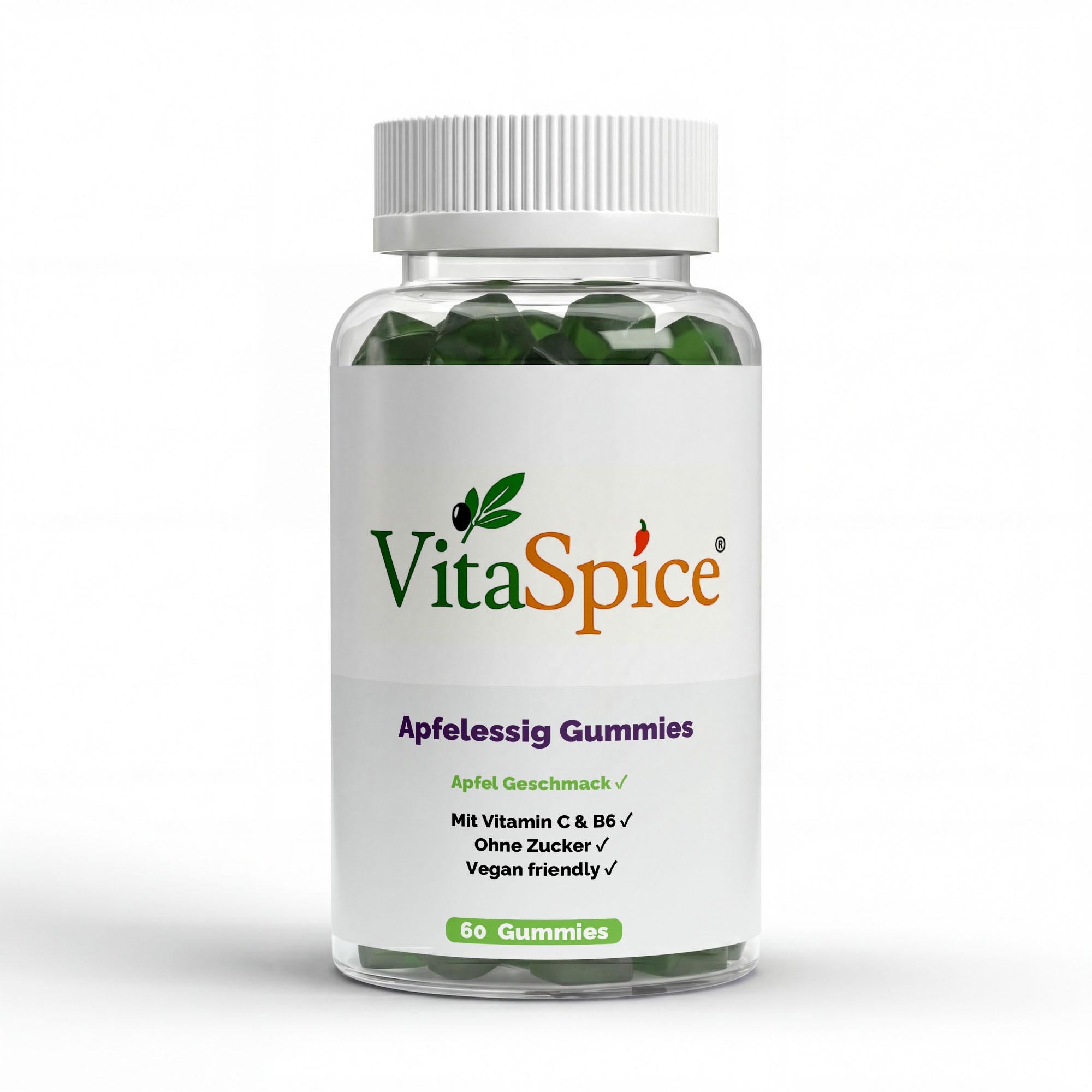 VitaSpice Apfelessig + C + B6 + Chrom Gummies - 60 vegane Gummibärchen in weißer Dose - Zuckerfrei
