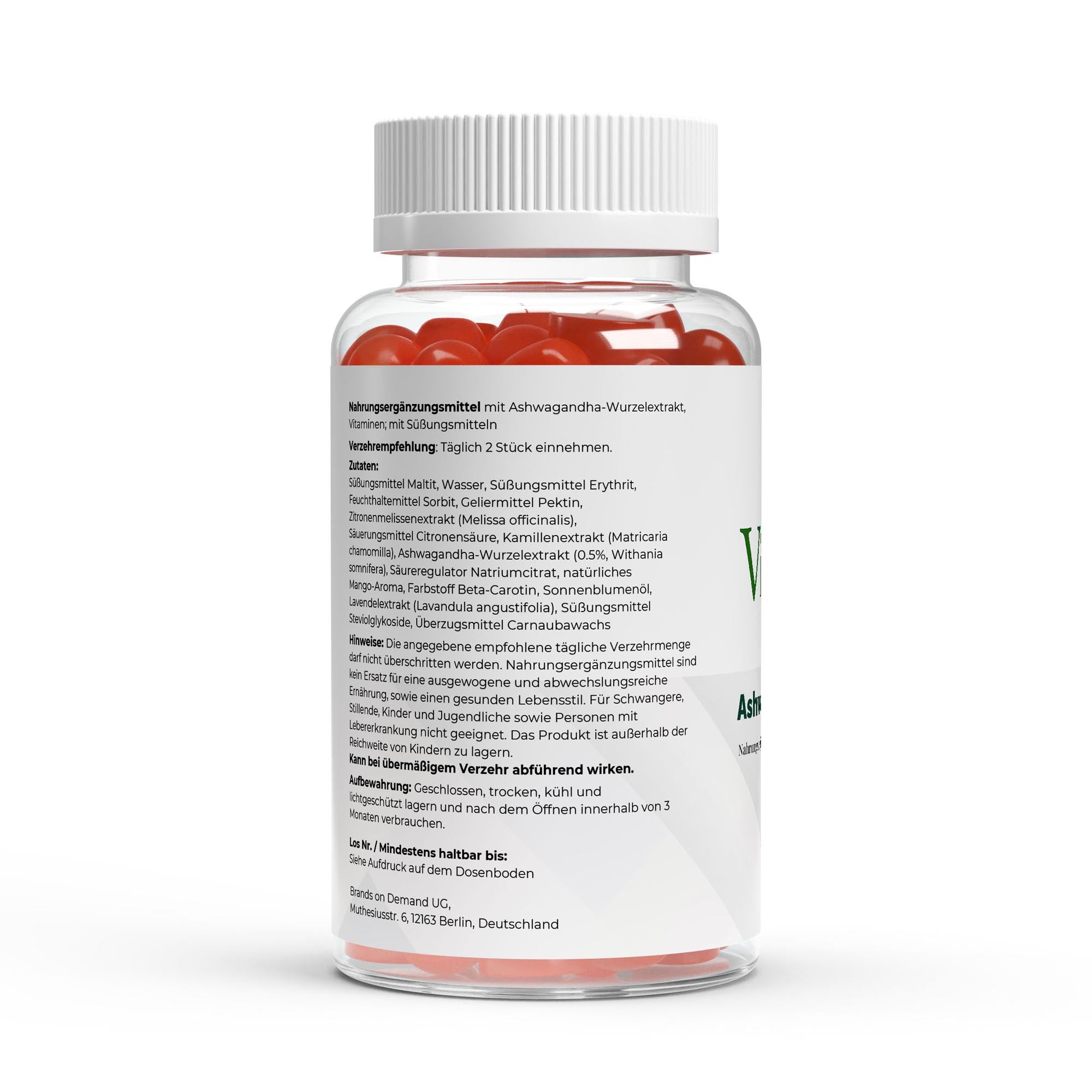 VitaSpice Ashwagandha Gummies als hochwertiges Produktfoto; Verzehrempfehlung, leckere Ashwagandha-Gummis für Stressabbau, mentale Balance und Vitalität – vegan und ohne künstliche Zusätze.