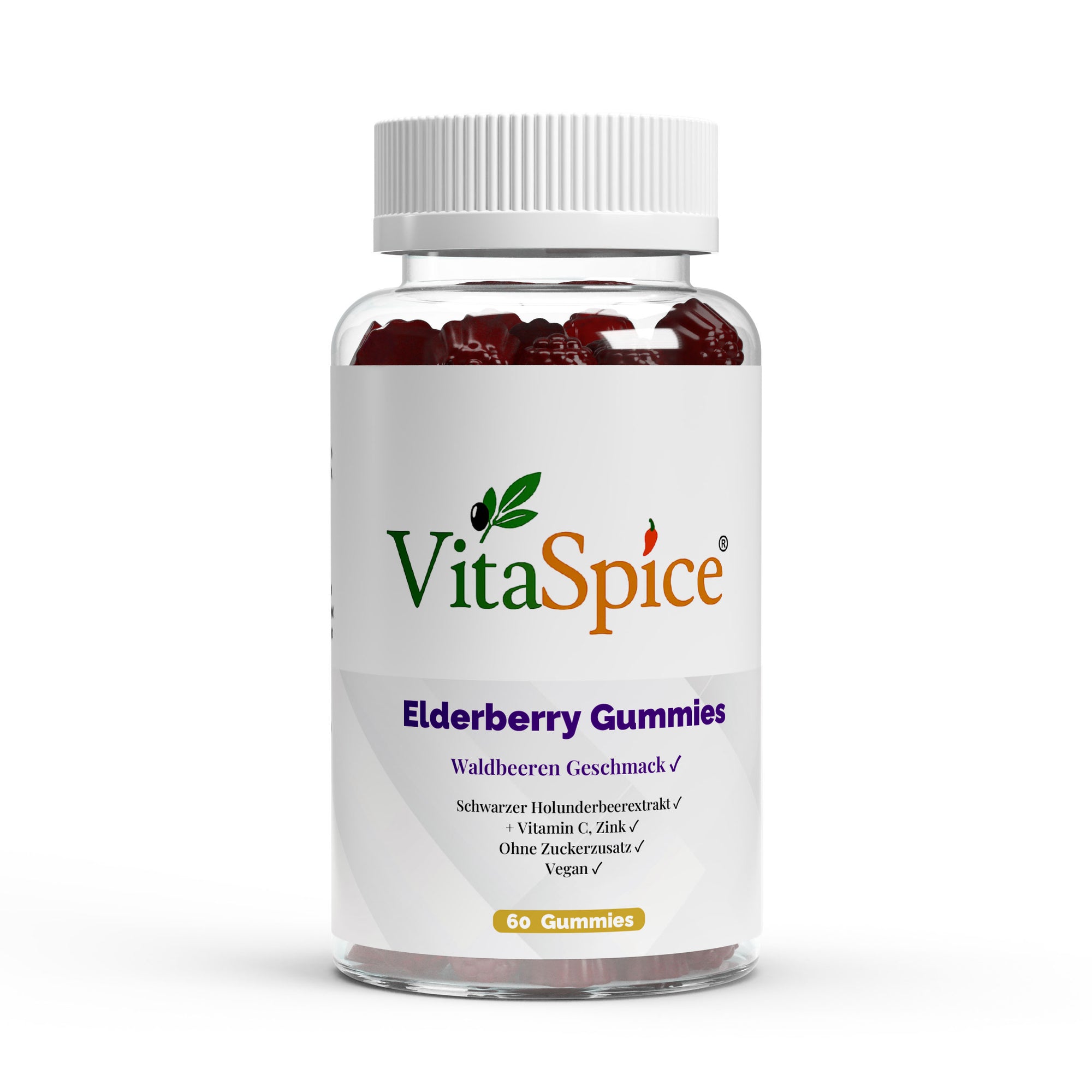 VitaSpice Elderberry Gummies als hochwertiges Produktfoto; leckere Holunderbeeren-Gummis für Immunsystem, antioxidativen Schutz und natürliche Unterstützung – vegan und ohne künstliche Zusätze.
