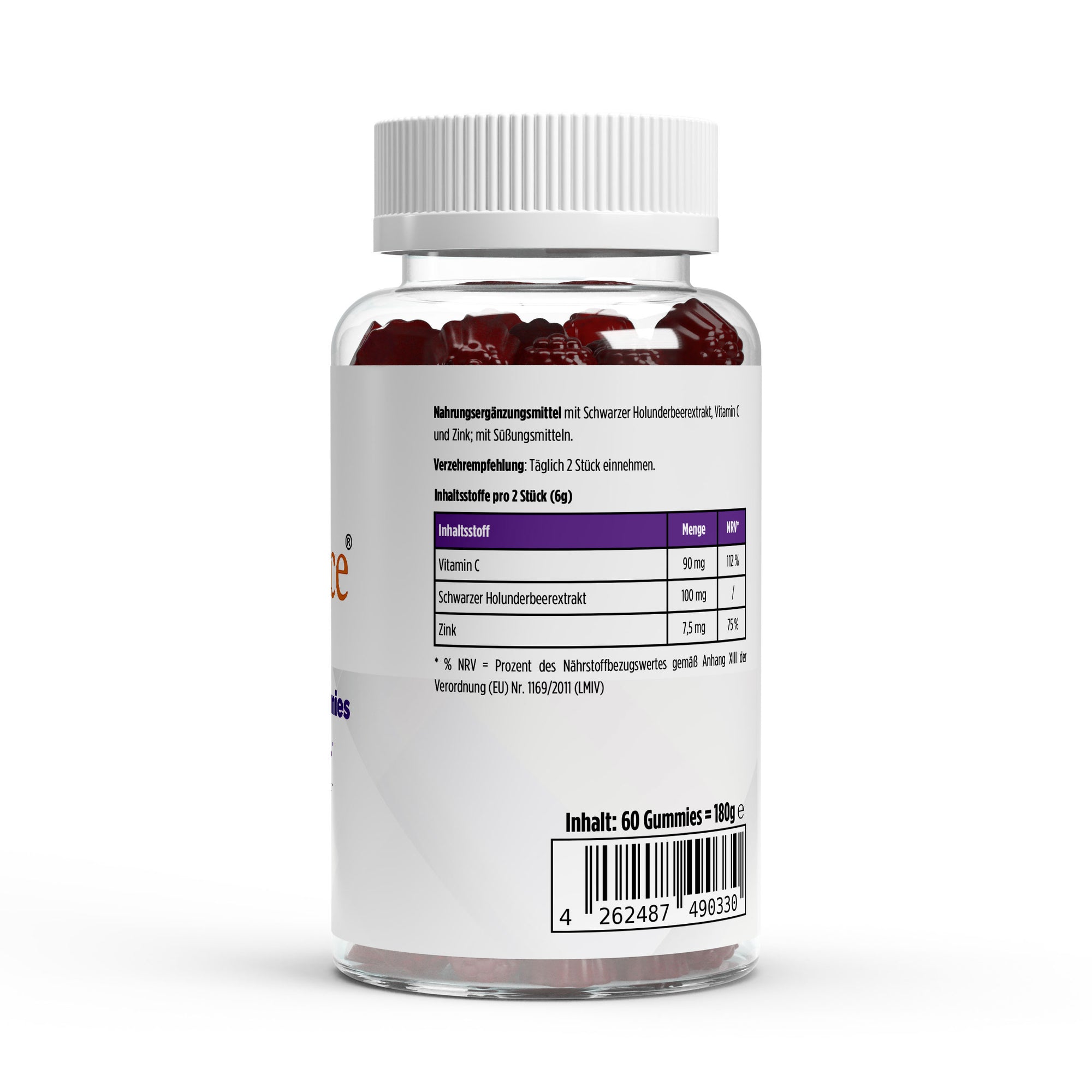 VitaSpice Elderberry Gummies als hochwertiges Produktfoto; Inhaltsstoffe .leckere Holunderbeeren-Gummis für Immunsystem, antioxidativen Schutz und natürliche Unterstützung – vegan und ohne künstliche Zusätze.