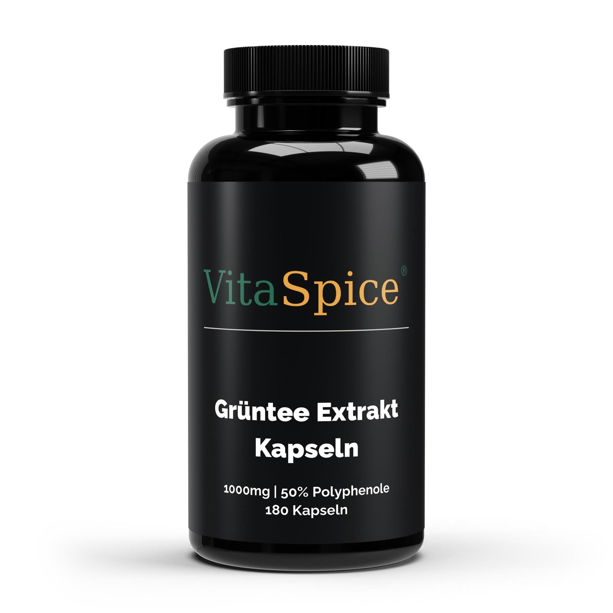 VitaSpice Grüntee Extrakt Kapseln, schwarze Dose Vorderseite, 1000mg mit 50% Polyphenolen, 180 vegane Kapseln