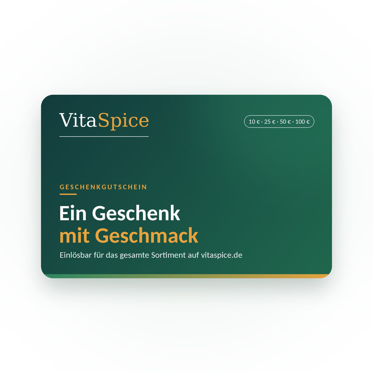 VitaSpice Geschenkgutschein in Grün mit weiß-orangem Logo, wählbar über 10, 25, 50 oder 100 Euro