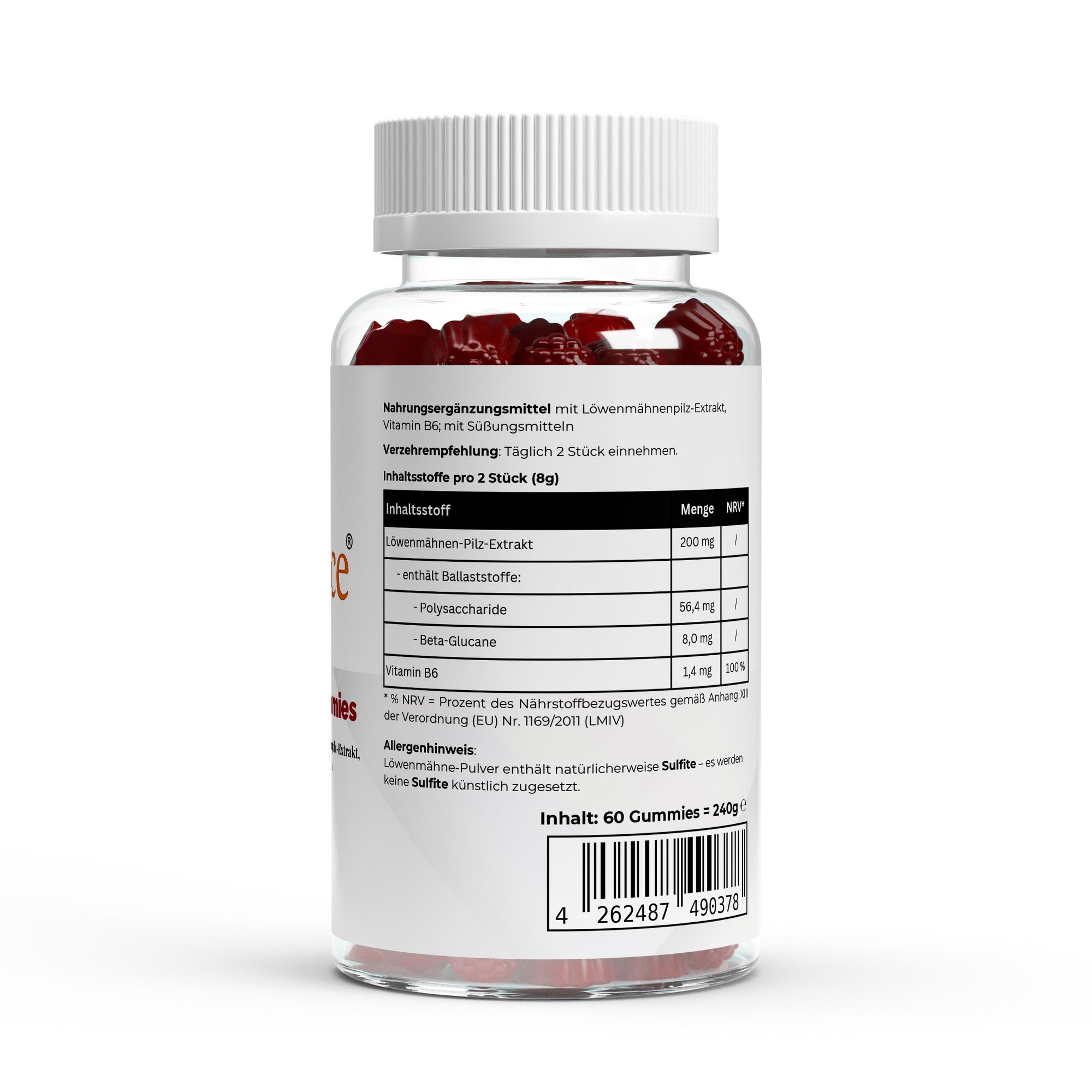 VitaSpice Löwenmähne Gummies als hochwertiges Produktfoto; Inhaltsstoffe, leckere Löwenmähne-Gummis für mentale Klarheit, Konzentration und kognitive Unterstützung – vegan und ohne künstliche Zusätze