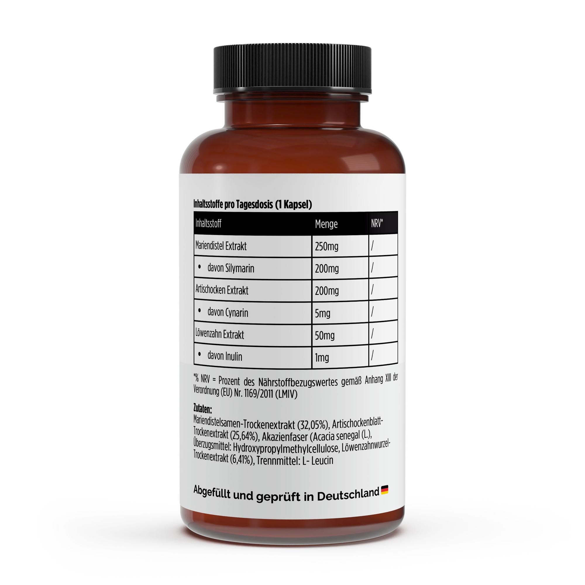 VitaSpice Mariendistel Artischocke Löwenzahn Komplex als hochwertiges Produktfoto; Inhaltsstoffe; pflanzlicher Leber- und Verdauungskomplex für Detox, Stoffwechsel und innere Balance – vegan und hochdosiert