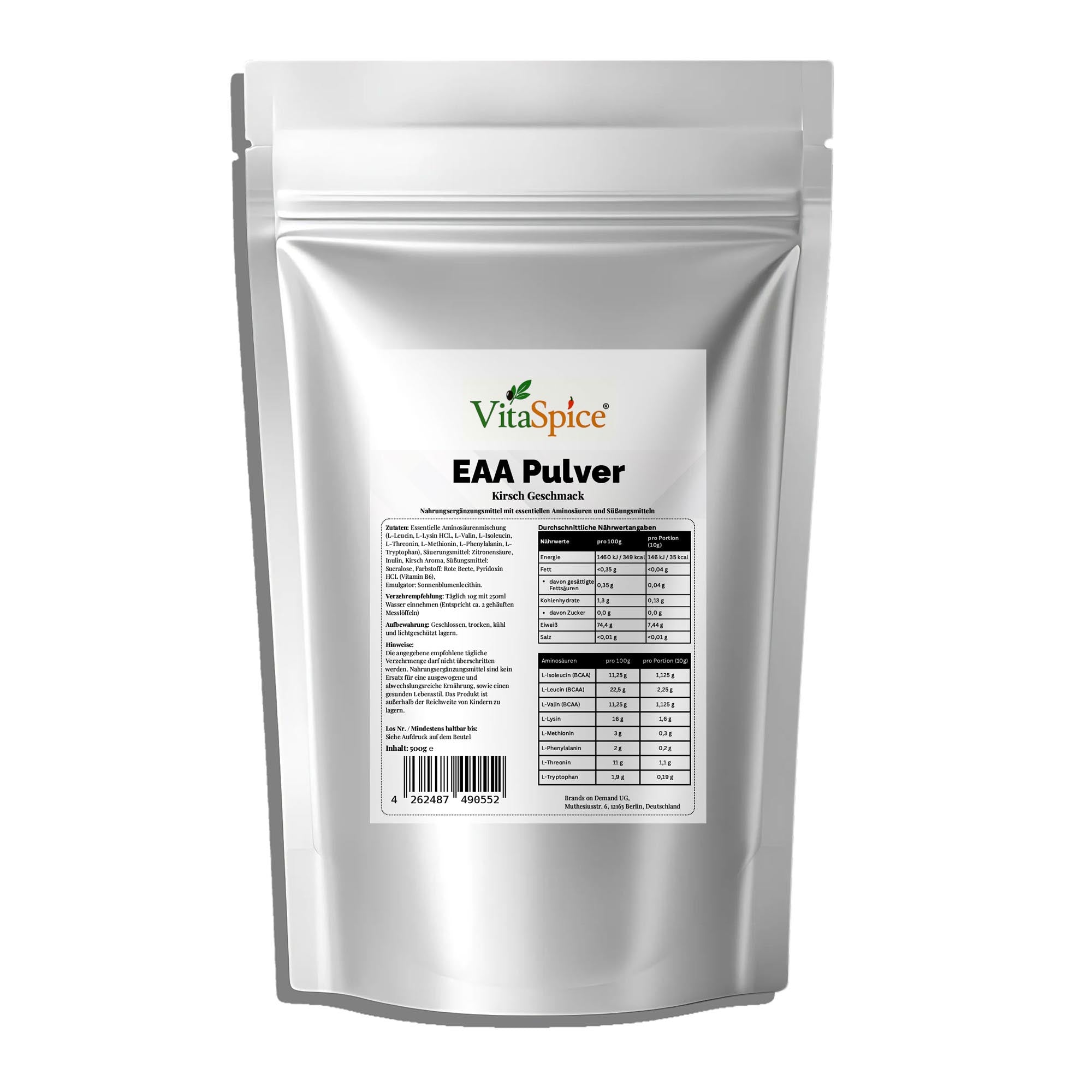 EAA Essentielle Aminosäuren Kirsche 500g Dose Vorderseite - 8 essentielle Aminos Kirsch Geschmack