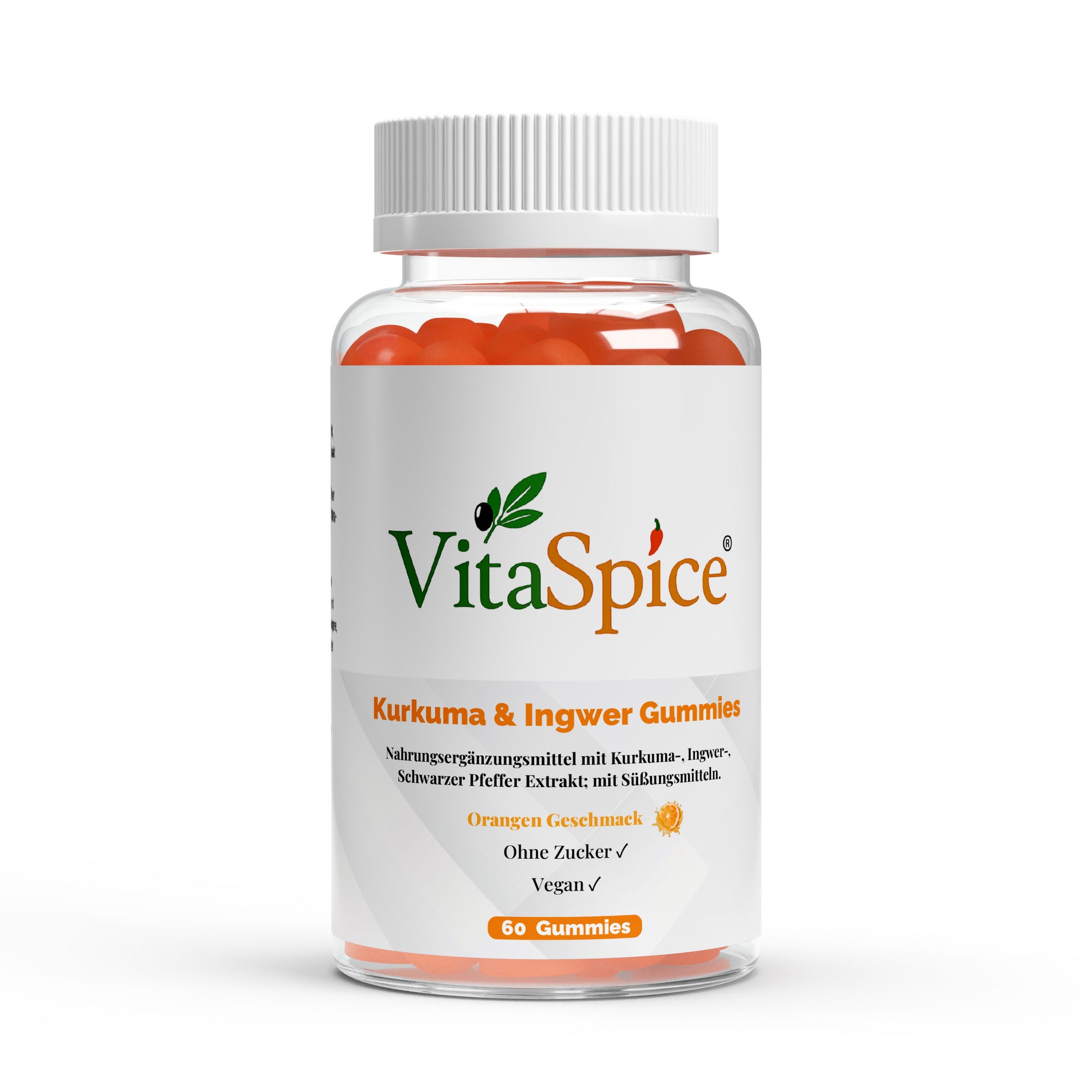VitaSpice Kurkuma Ingwer Gummies als hochwertiges Produktfoto; leckere Kurkuma- und Ingwer-Gummis für Entzündungshemmung, Verdauung und Immunsystem – vegan und ohne künstliche Zusätze.