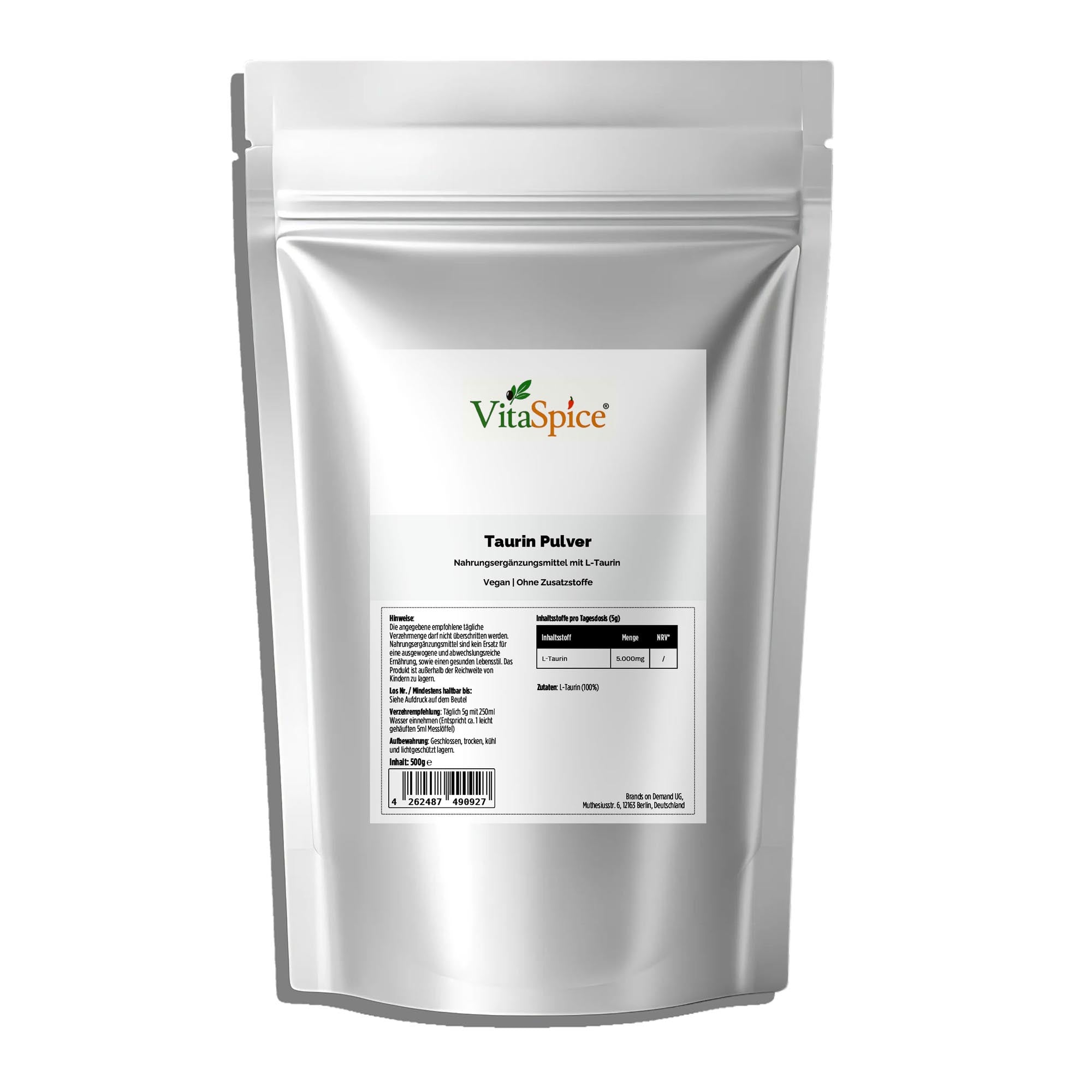 VitaSpice Taurin als hochwertiges Produktfoto; reines Taurin-Pulver für Energie, Muskelunterstützung und mentale Leistungsfähigkeit – vegan und laborgeprüft