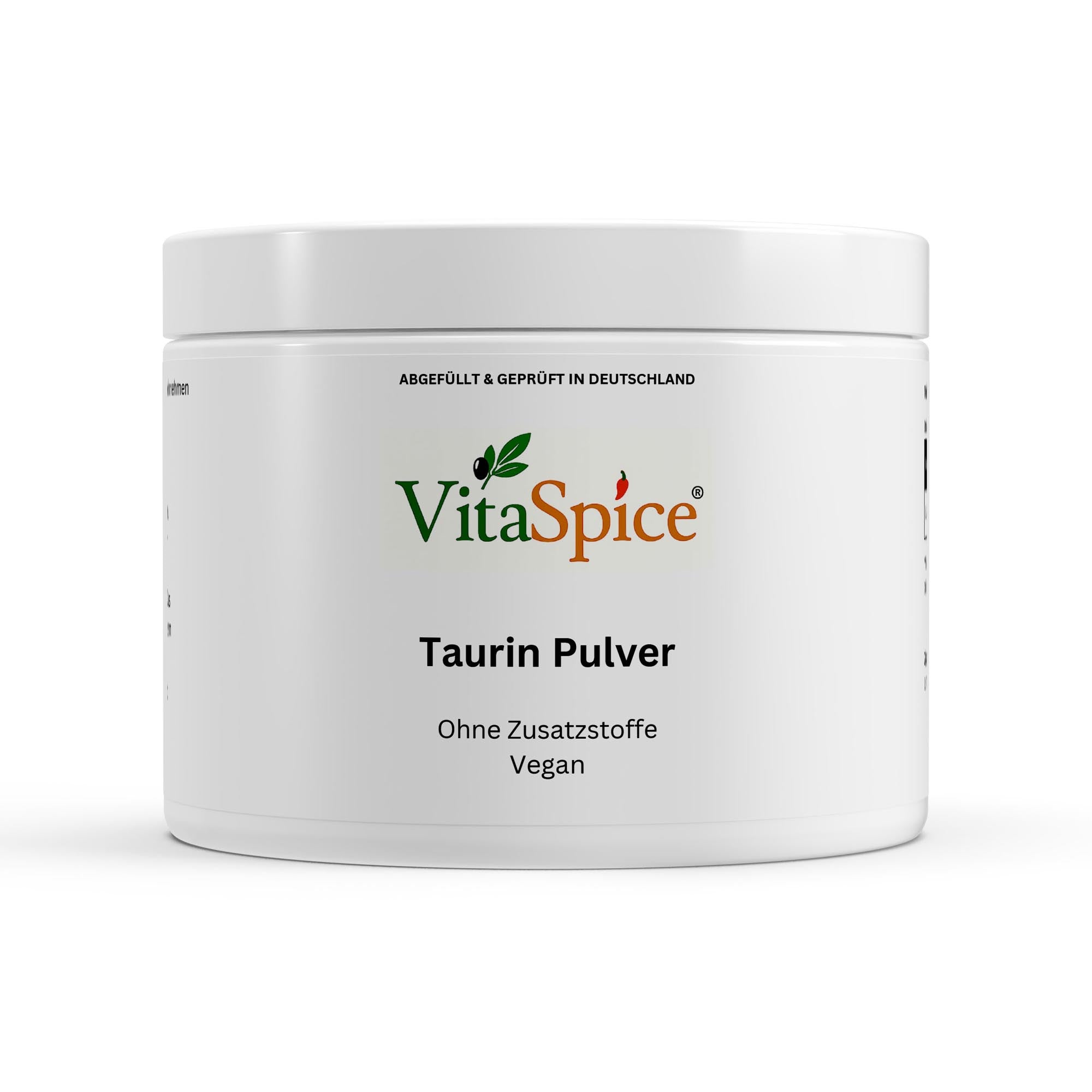 Taurin Pulver Dose Vorderseite - Aminosäure für Energie und Leistung