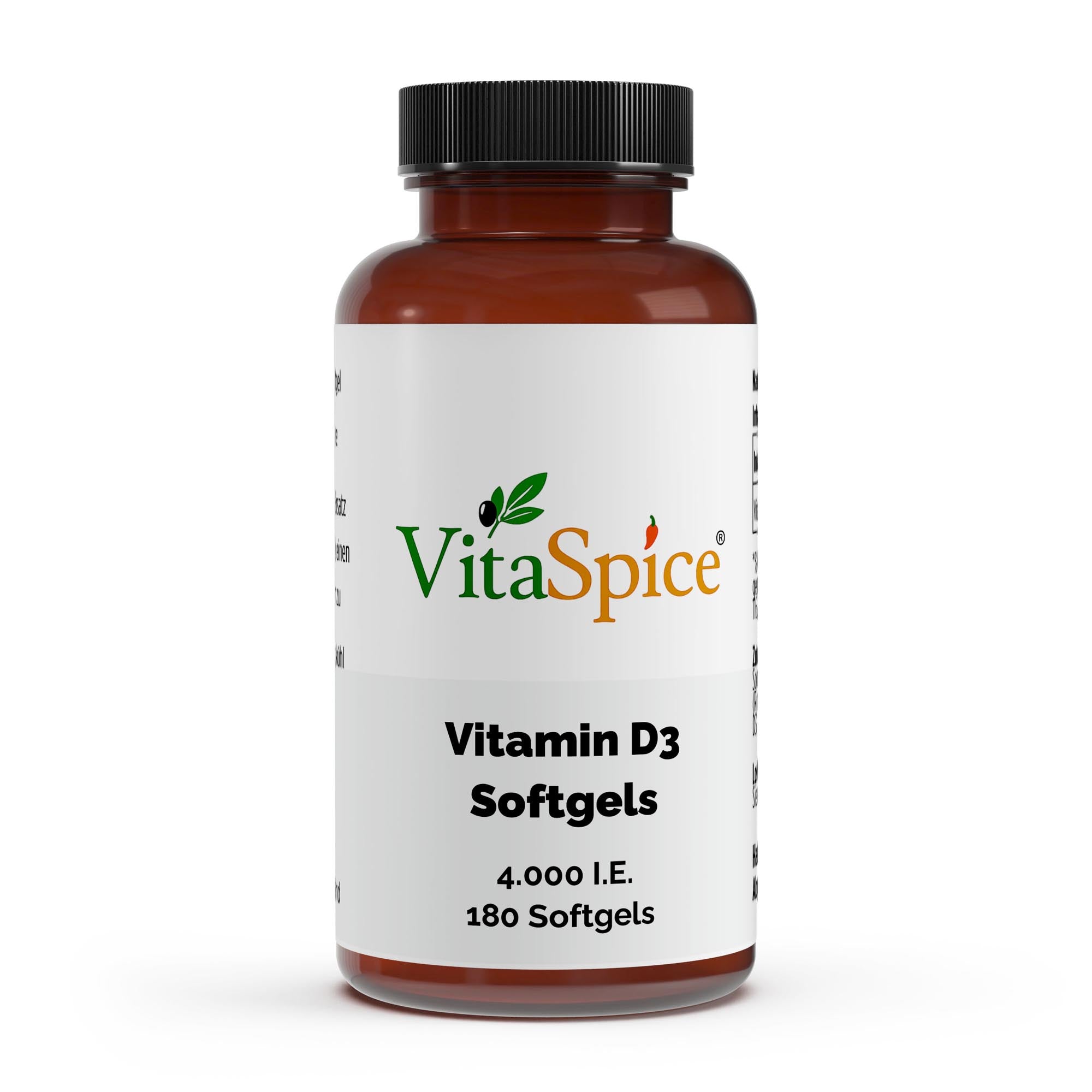 Vitamin D3 4000 I.E. vegane Softgels von VitaSpice in transparenter Dose, Inhaltsstoffe, kleine leicht zu schluckende Kapseln, hochdosiertes pflanzliches Vitamin D für Immunsystem, Knochen und Muskeln, Premium‑Qualität für aktive Menschen