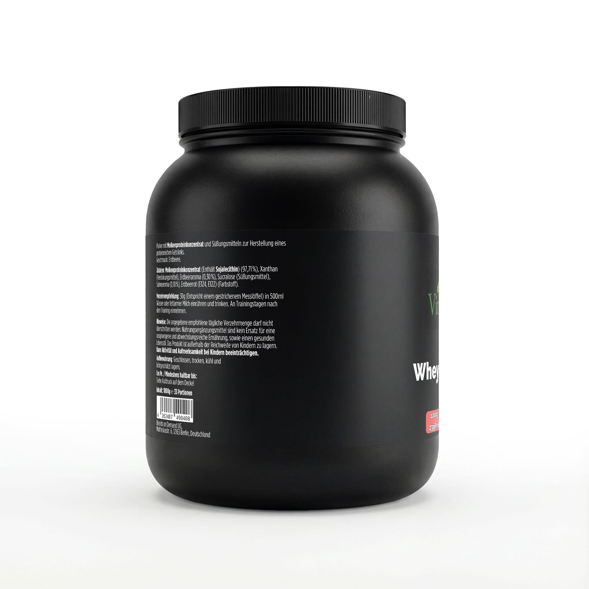 Whey Protein Erdbeere Produktdetails – 1000g Pulver, Strawberry-Geschmack, 33 Portionen, Abgefüllt & Laborgeprüft in Deutschland
