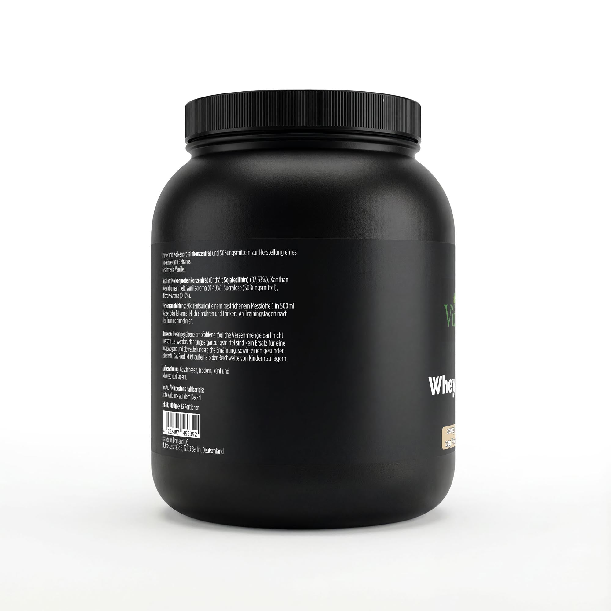 Whey Protein Vanille Produktdetails – 1000g Pulver, Vanilla-Geschmack, 33 Portionen, Abgefüllt & Laborgeprüft in Deutschland
