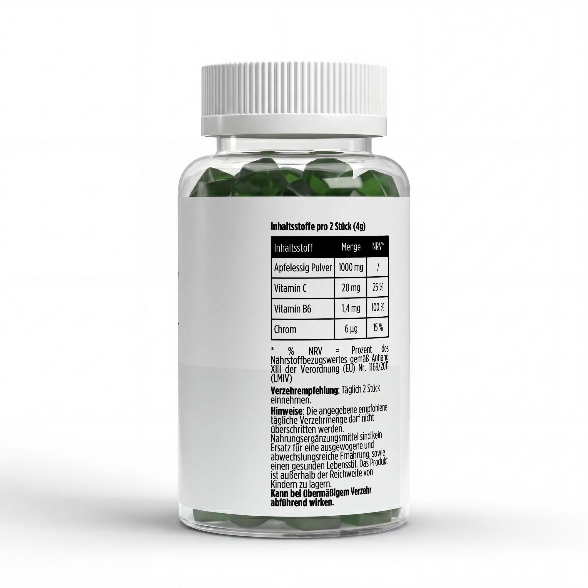 Apfelessig + C + B6 + Chrom Gummies – zuckerfreie vegane Fruchtgummis für Stoffwechsel und Energie