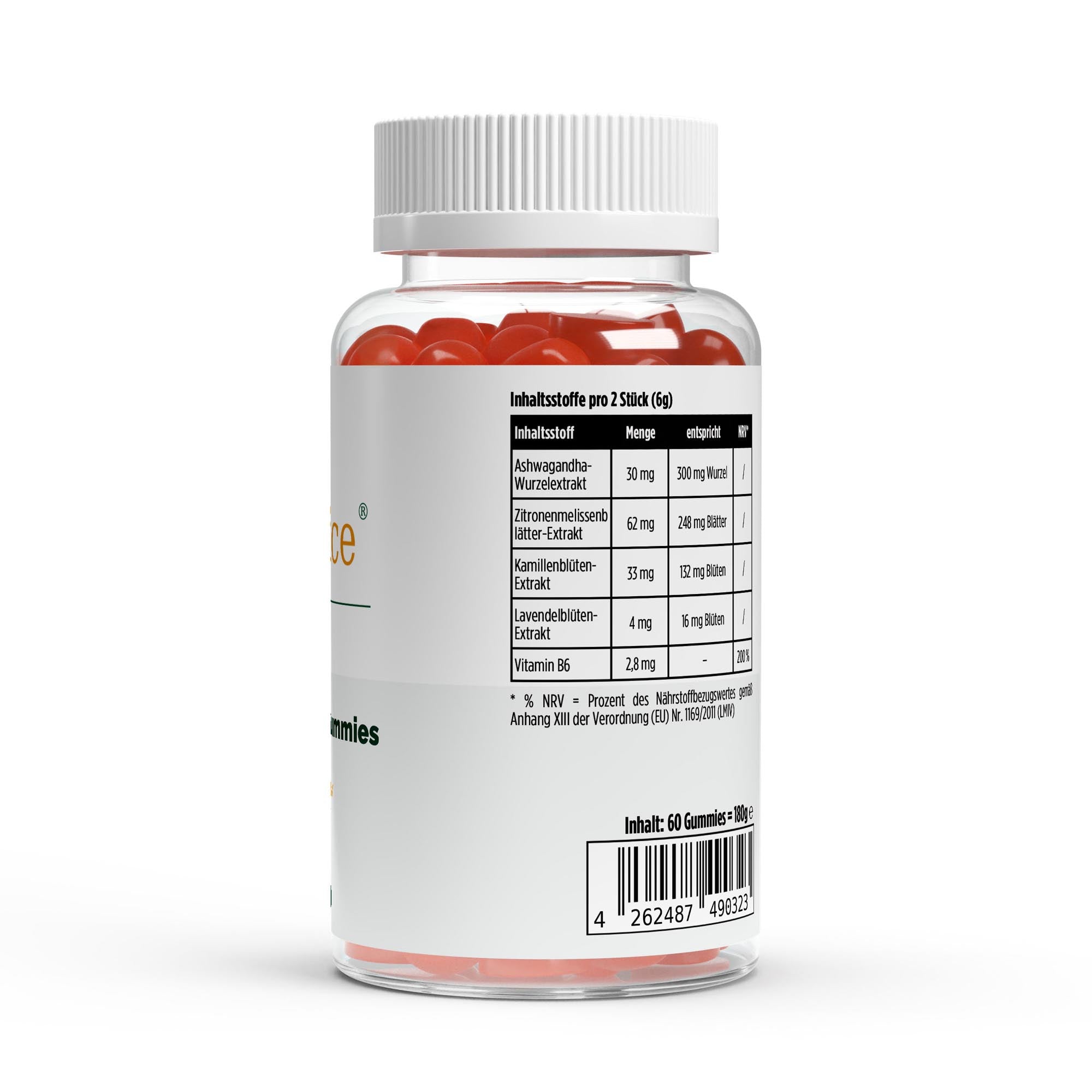 Nährwerttabelle Ashwagandha + Vitamin B6 Gummies – 30 mg KSM-66 Ashwagandha-Extrakt (10:1, entspricht 300 mg Wurzelextrakt) und Vitamin B6