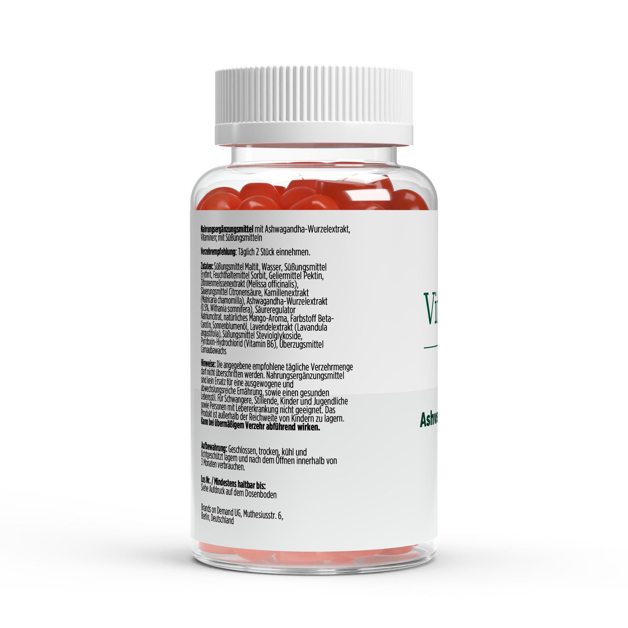 Ashwagandha + Vitamin B6 Gummies Verpackungsrückseite mit Zutatenliste und Anwendungshinweisen